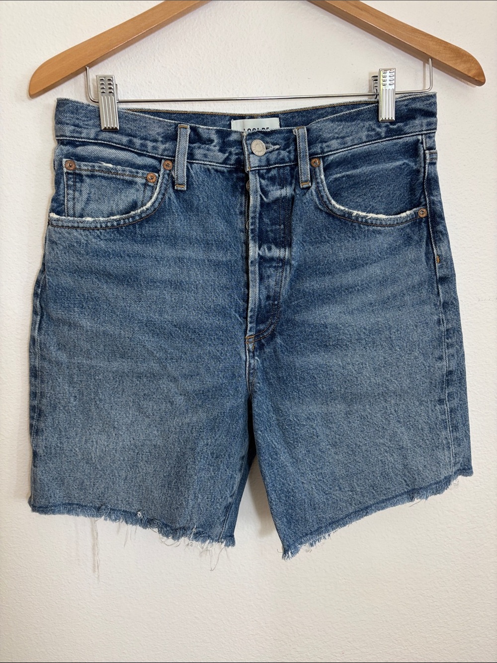 Agolde Blue Denim Raw Hem Button Fly Shorts